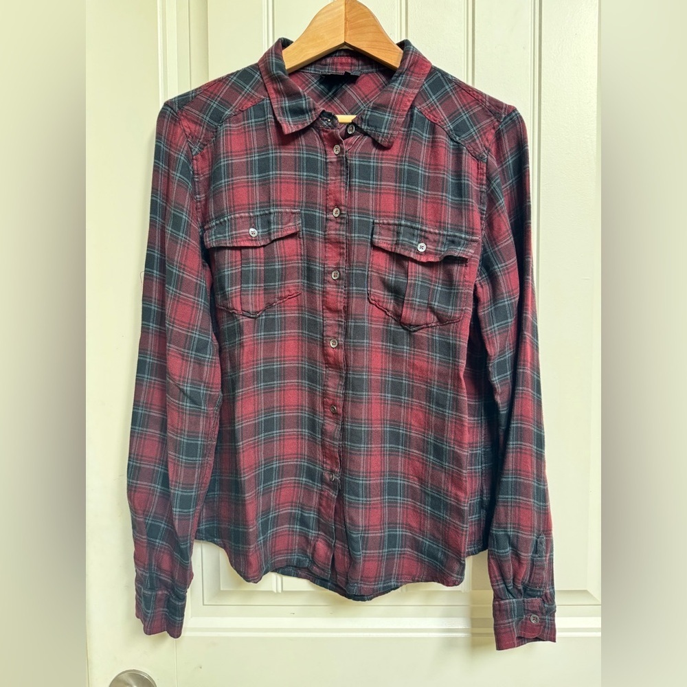 Paige Burgundy Black Grey Plaid Button Down. Size M